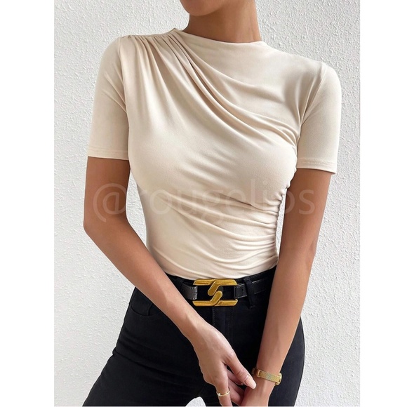 Ruched Beige Asymmetrical Short Sleeve Bodysuit - Picture 4 of 10